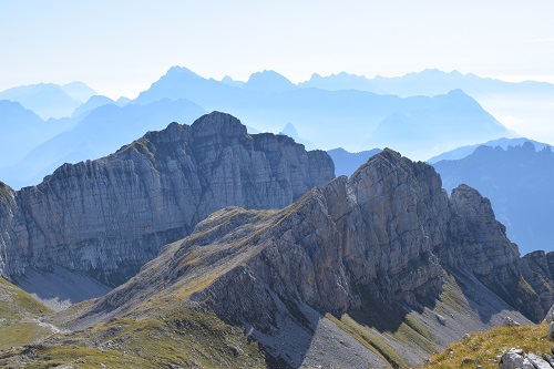 A hazy morning view of the Dolomites on the Alta Via 1 trail