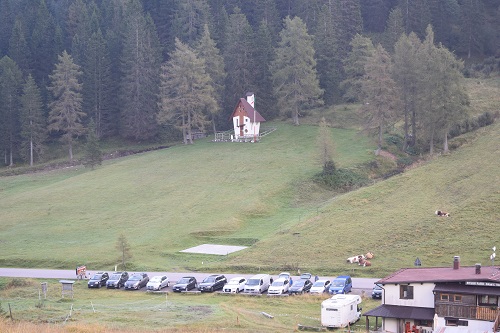 The quirky little church across from Rifugio Passo Duran