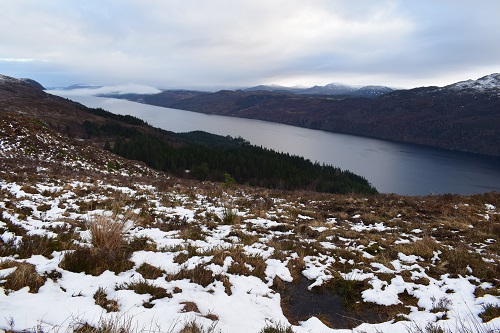 A snowy view of Loch Ness from the High Route shelter