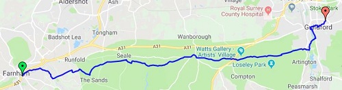 The route between Farnham and Guildford