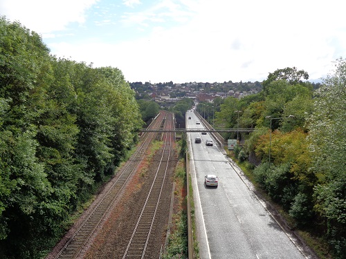 Looking into Chepstow in Wales on the bridge over the road and railway