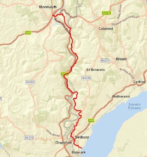 The route between the start at Sedbury Cliffs and Monmouth