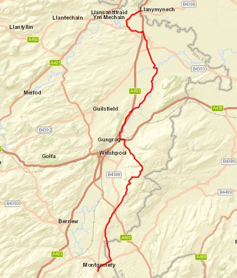 The route between Montgomery and Llanymynech on Day 7