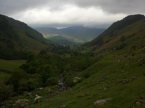 Looking down towards Rosthwaite from below Greenup Edge