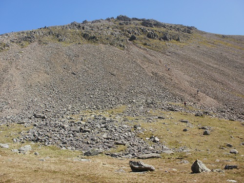 Looking up the scree ascent to Great Gable from Kirk Fell