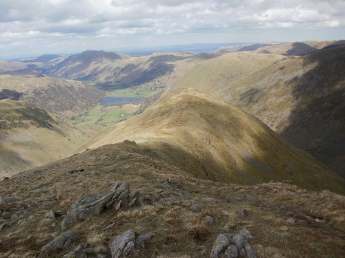 Looking down towards Hartsop descending Hartsop Dodd