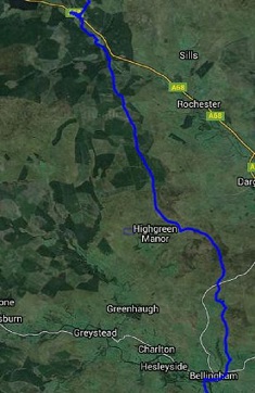 The map showing the route between Bellingham and Byrness on the Pennine Way