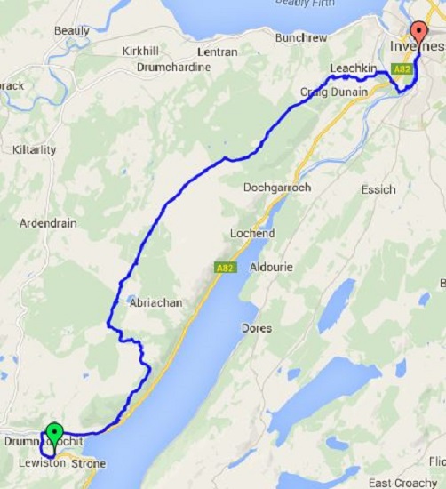 The map showing the route between Drumnadrochit and Inverness on the Great Glen Way