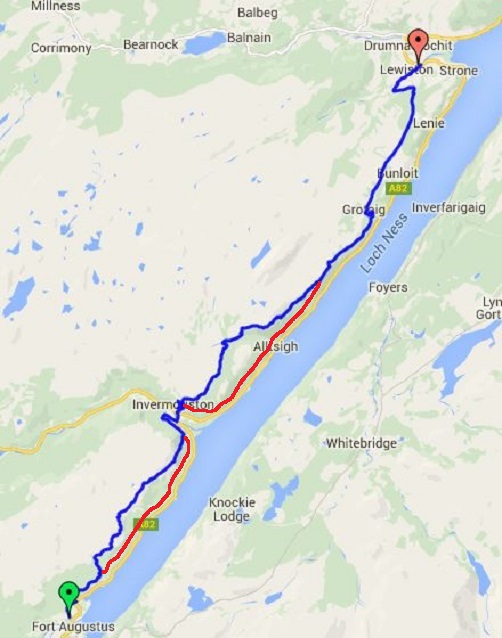 The route between Fort Augustus and Drumnadrochit, High route is in blue and Low route is in red