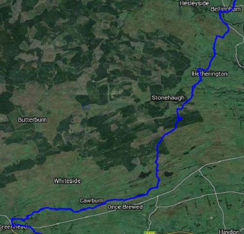 The map showing the route between Greenhead and Bellingham on the Pennine Way
