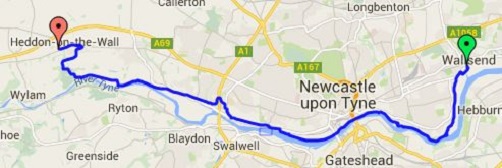 The map showing the route between Wallsend and Heddon On The Wall on the Hadrian's Wall Path
