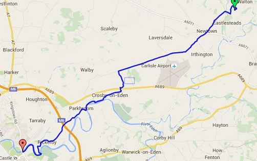 The map showing the route between Walton and Carlisle on the Hadrian's Wall Path