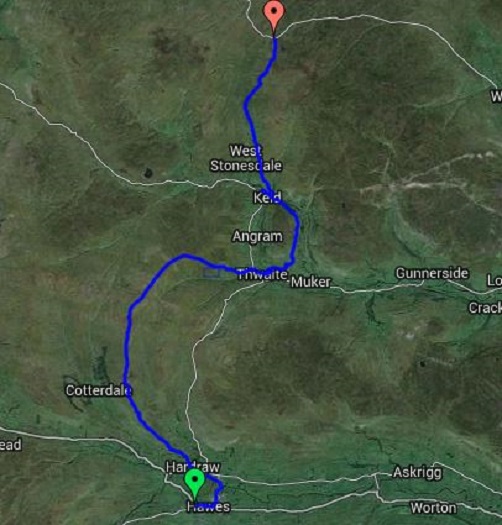 The map showing the route between Hawes and Tan Hill Inn on the Pennine Way