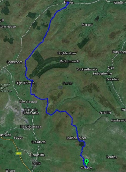 The map showing the route between Malham and Hawes on the Pennine Way