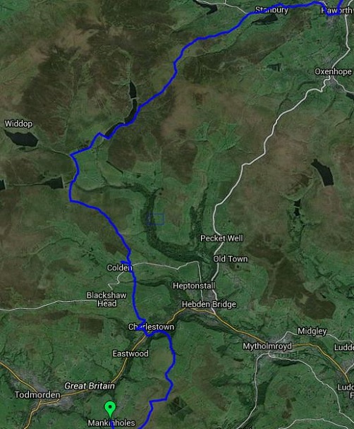The map showing the route between Mankinholes and Haworth on the Pennine Way