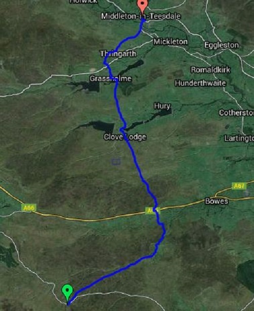 The map showing the route between Tan Hill Inn and Middleton Upon Tees on the Pennine Way