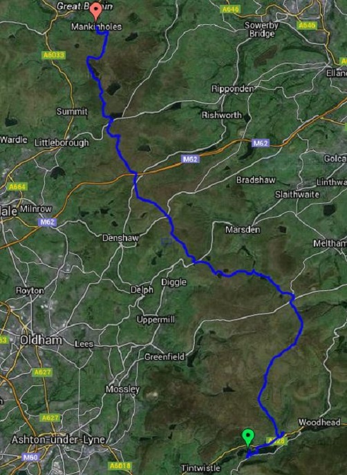 The map showing the route between Torside and Mankinholes on the Pennine Way