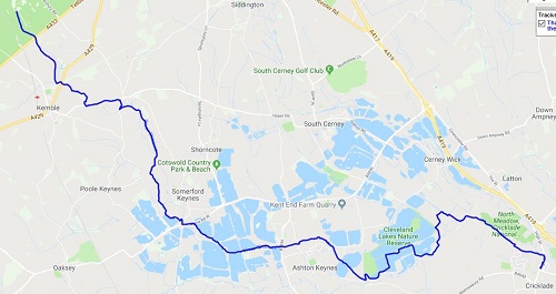 The route between Cricklade and the source of the Thames at Kemble