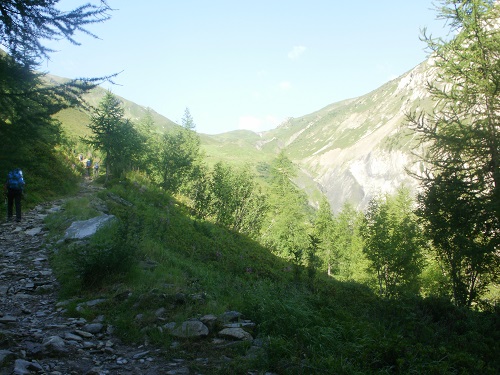Heading towards the dip in the hill above, the Col de Balme