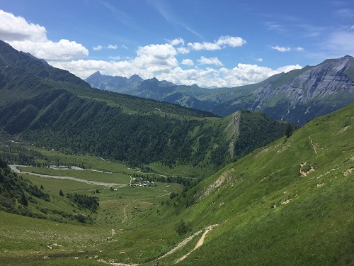 Looking down at Miage and Auberge du Truc on the hill above it from Col de Tricot