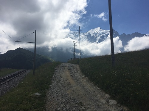 The trail follows the Tramway du Mont Blanc for a short time