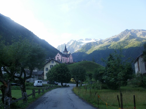 The pink church in Trient, near the Auberge du Mont Blanc
