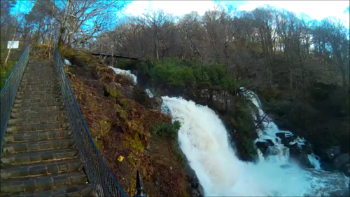 Side view of the waterfall beside the Inversnaid Hotel